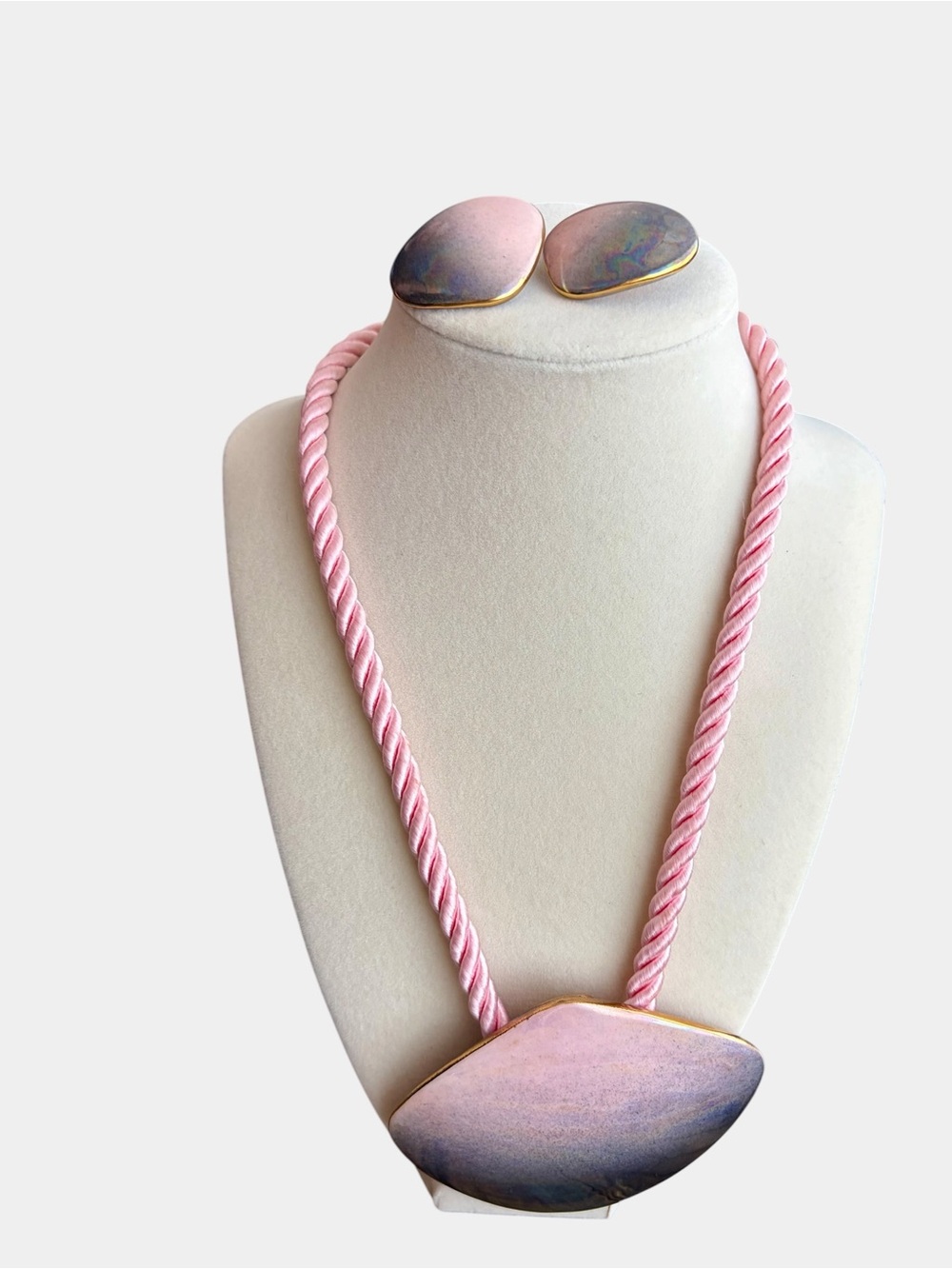 Pink Rope Necklace with Iridescent Pendant and Matching Earrings